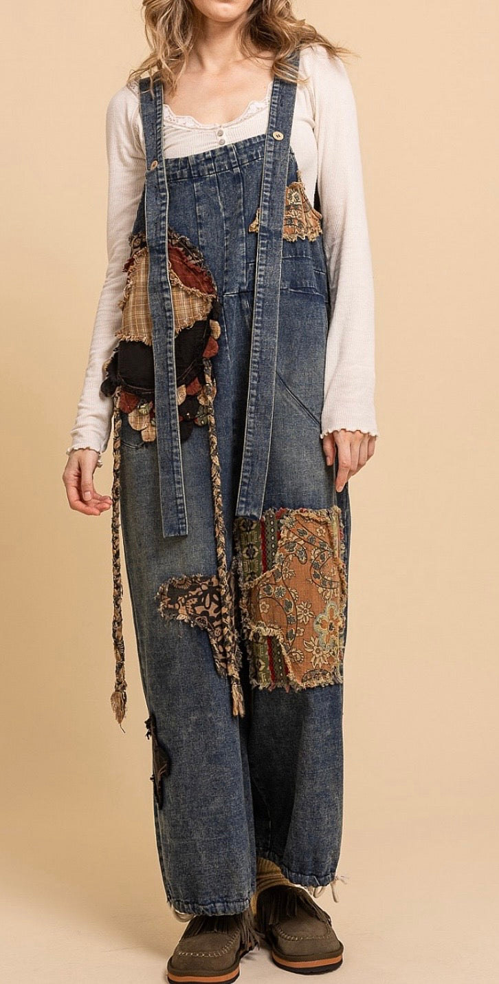 Patchwork Slouchy Denim Bib Overalls - PREORDER ARRIVING 9/2/26