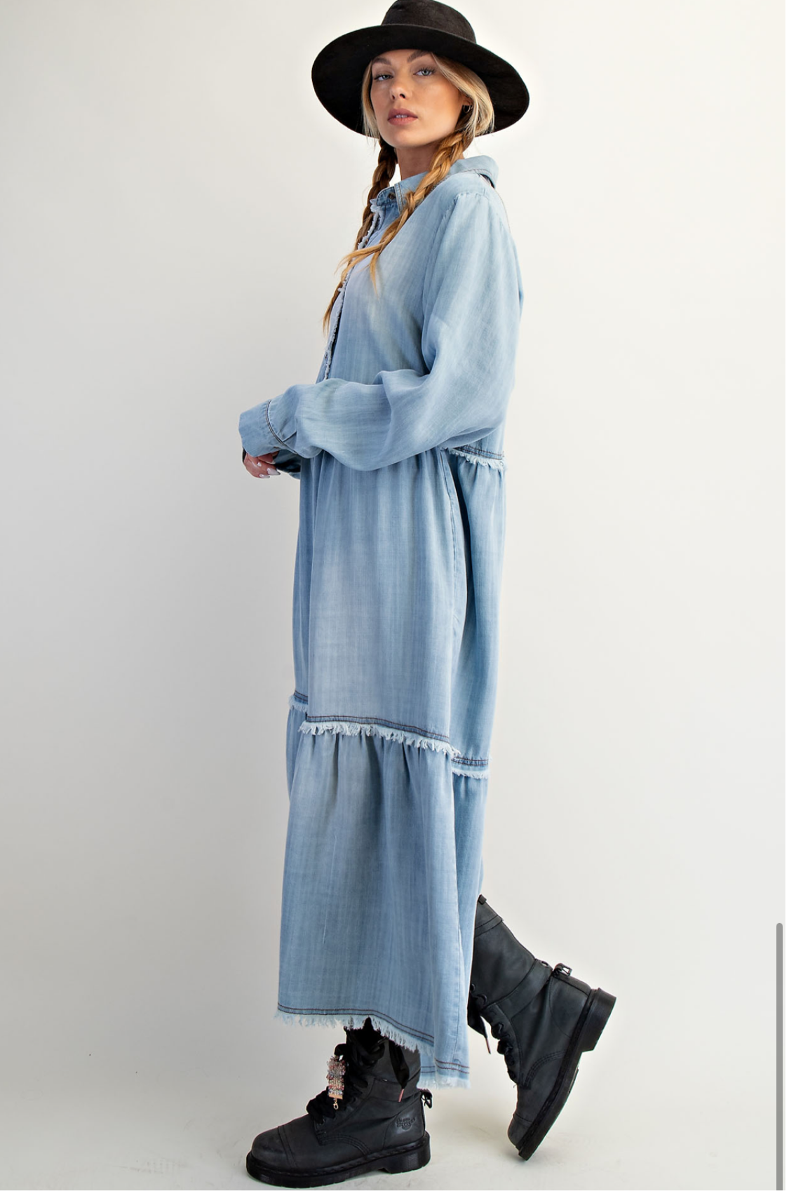 Button Front Wash Denim Maxi Dress