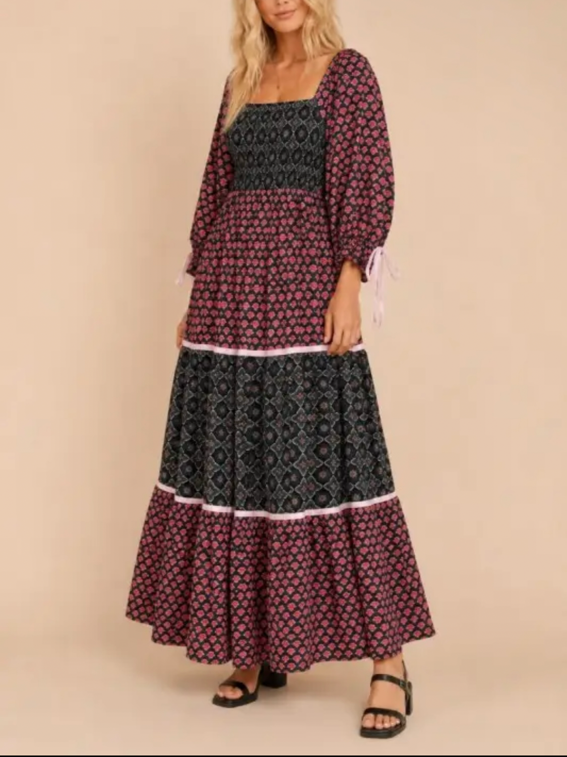 Mixed Pattern color block 3/4 sleeve Maxi Dress