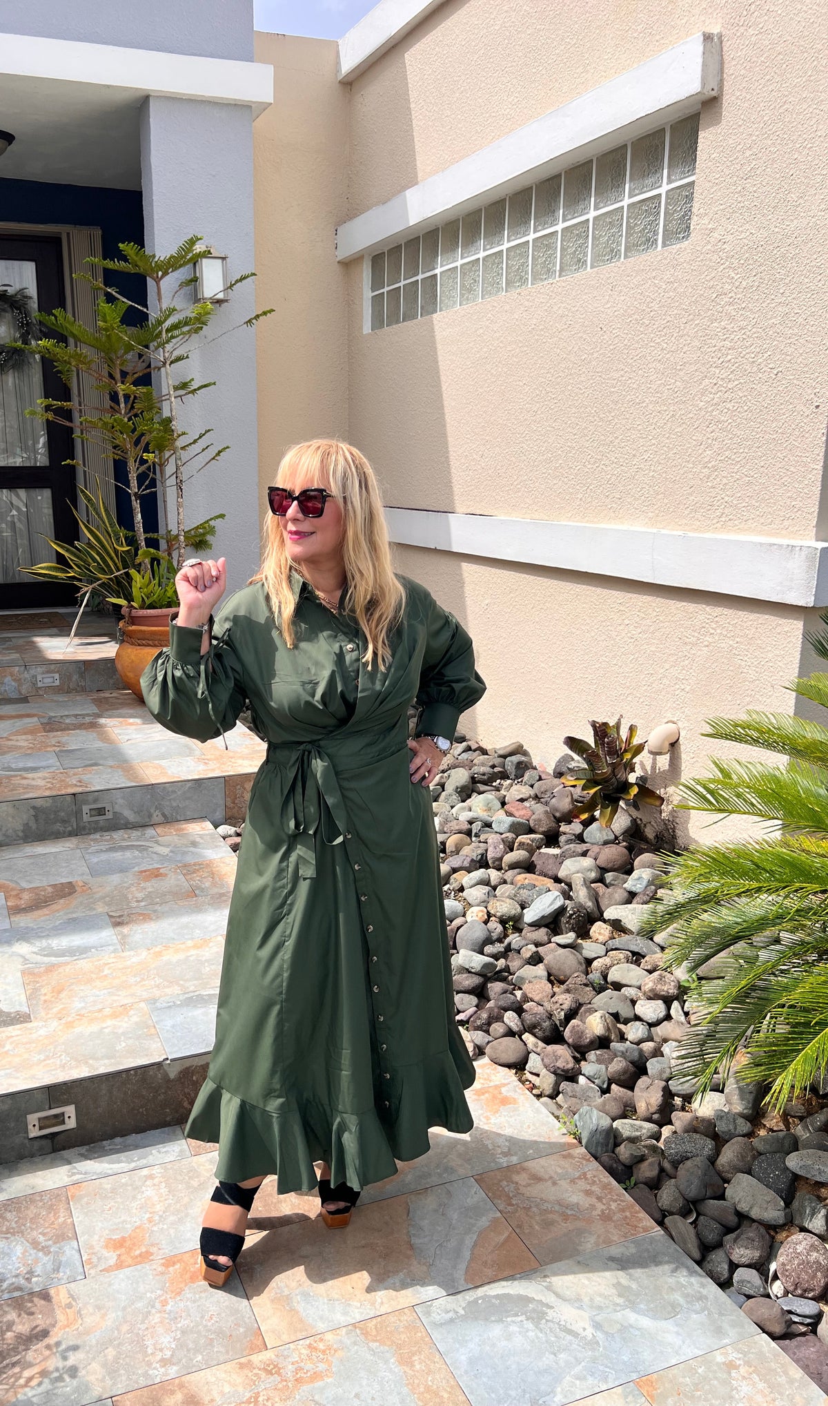 Army Green Asymmetrical Button Down Midi Dress -True to size