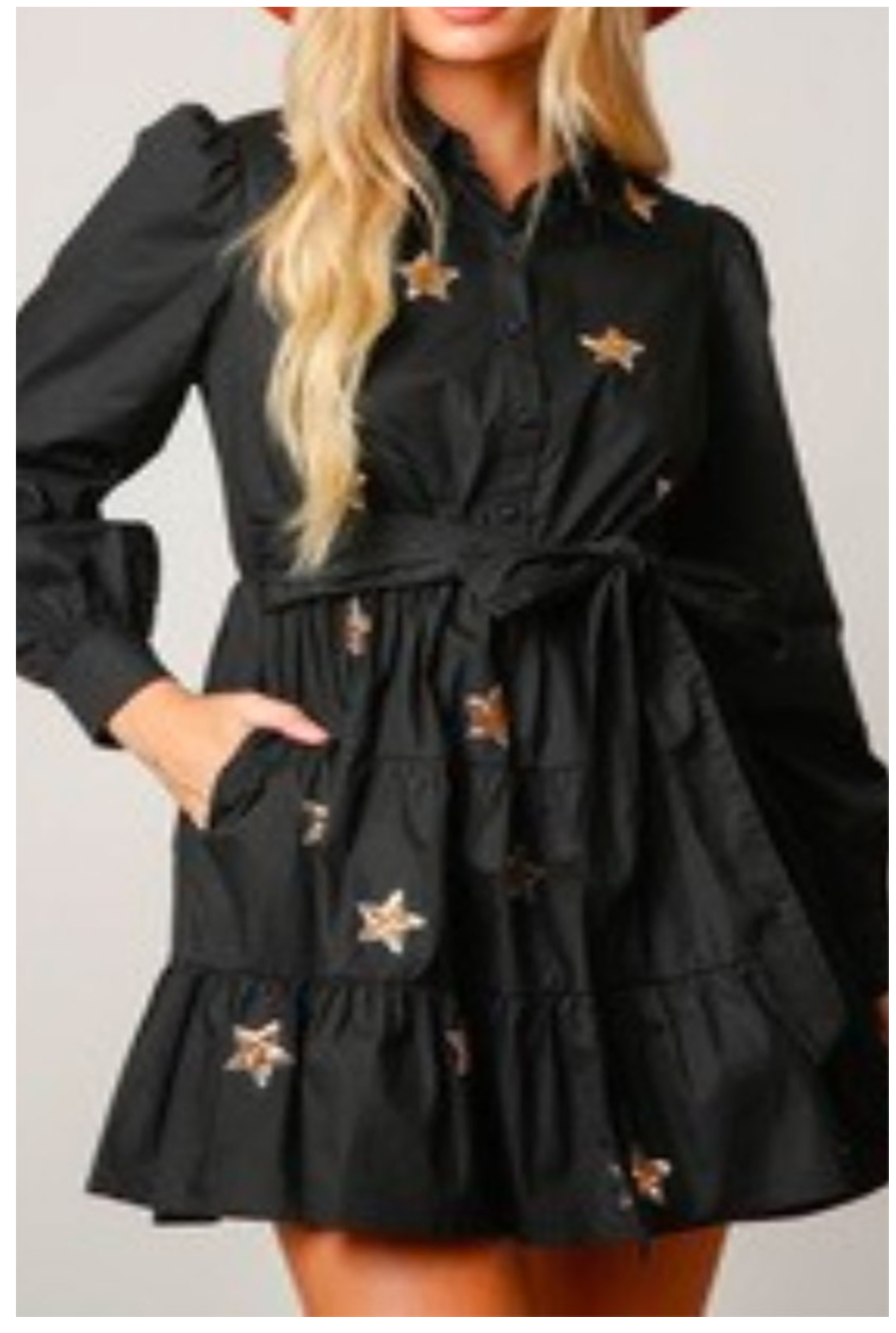 Black Gold Star Appliqué Mini Dress