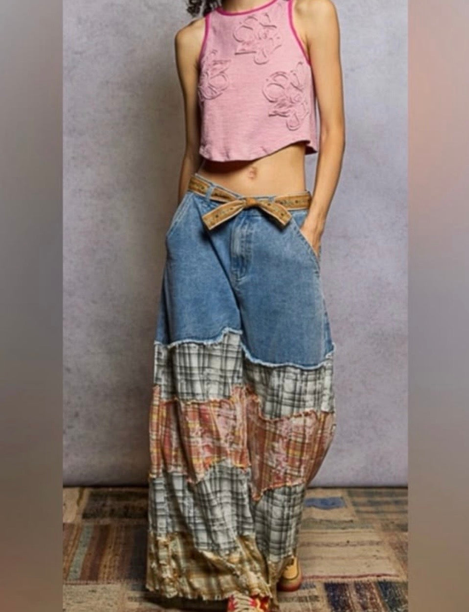 Boho Patchwork Wide Leg Denim Pants – Vintage-Inspired Statement Jeans - True to size