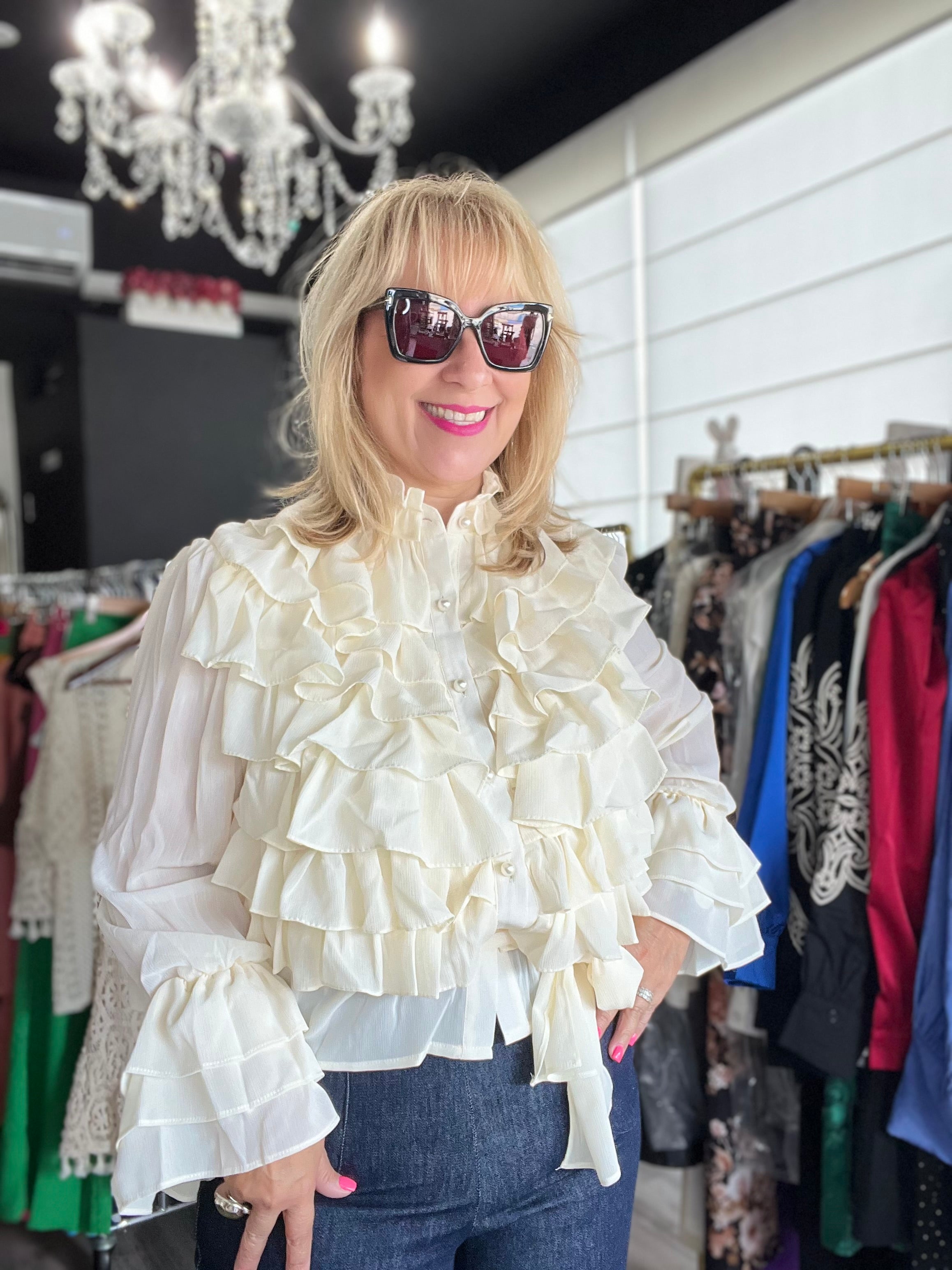 Boho Chic Tiered Ruffles Belted Chiffon Blouse  /Premium Clothing  💫  Tax Included