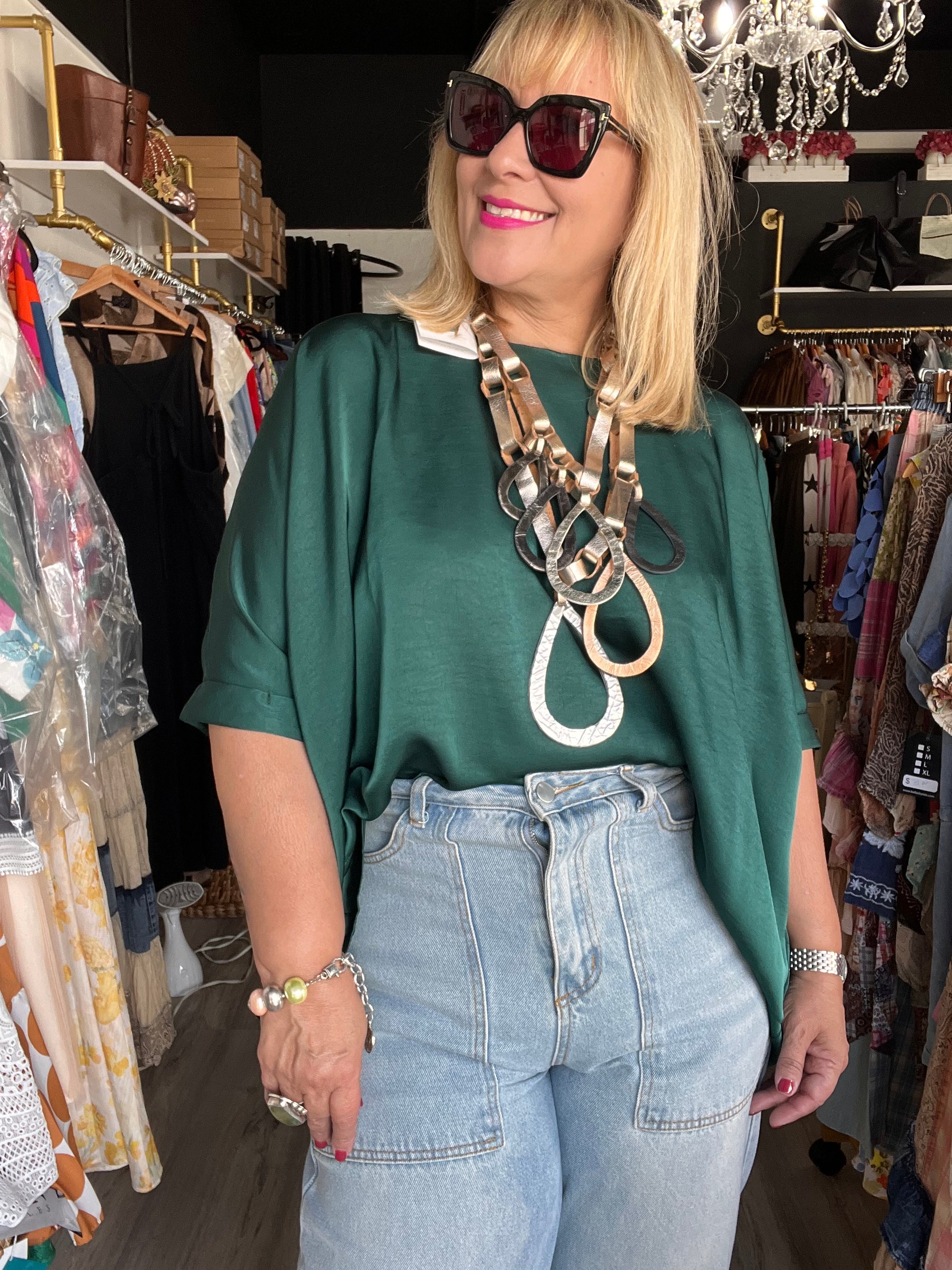 Emerald Green Satin Tunic Blouse