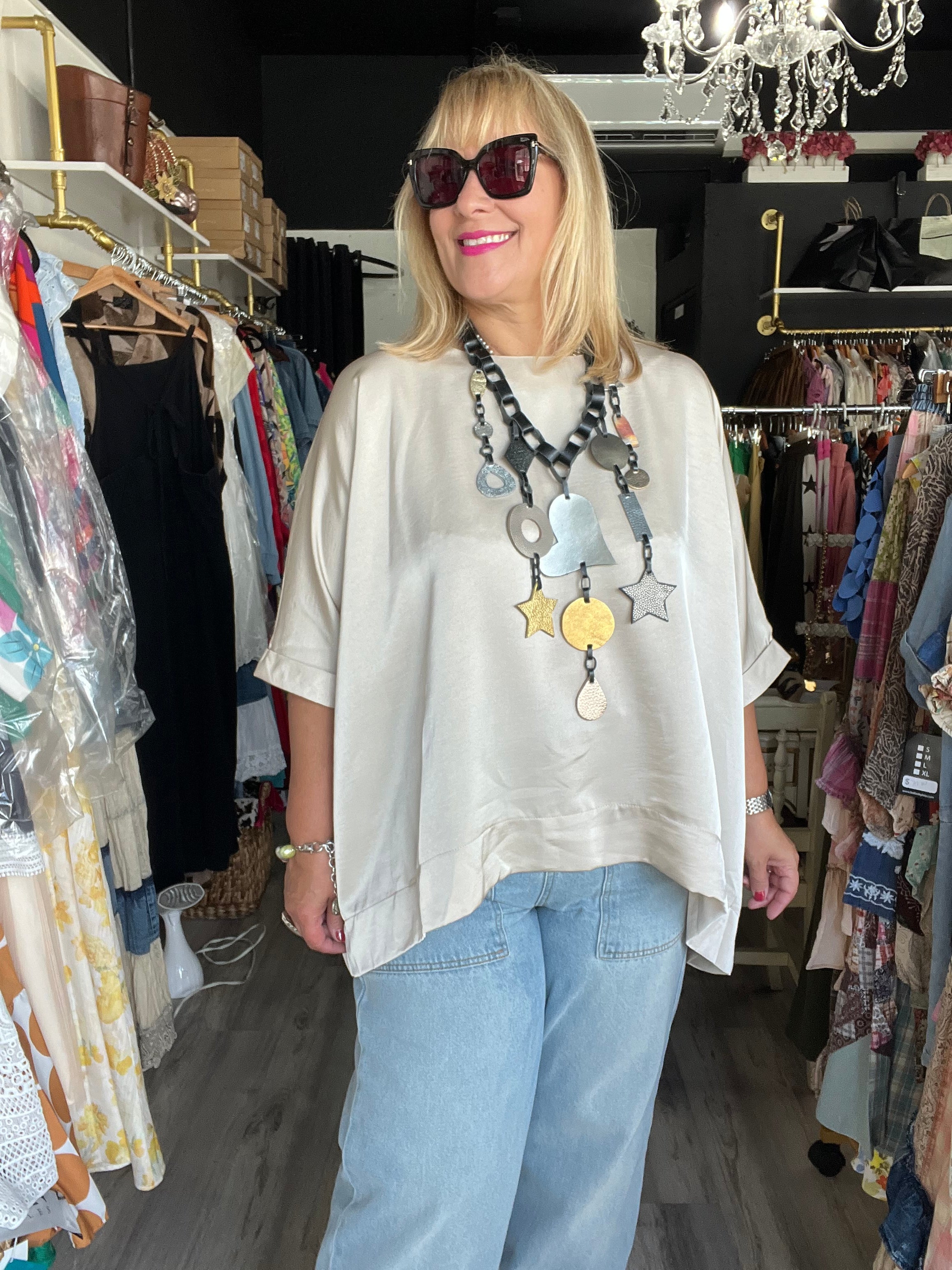 Champagne Satin Tunic Blouse