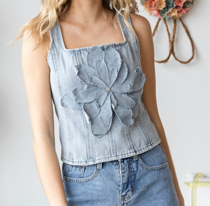 Flower Appliqué Denim Vest