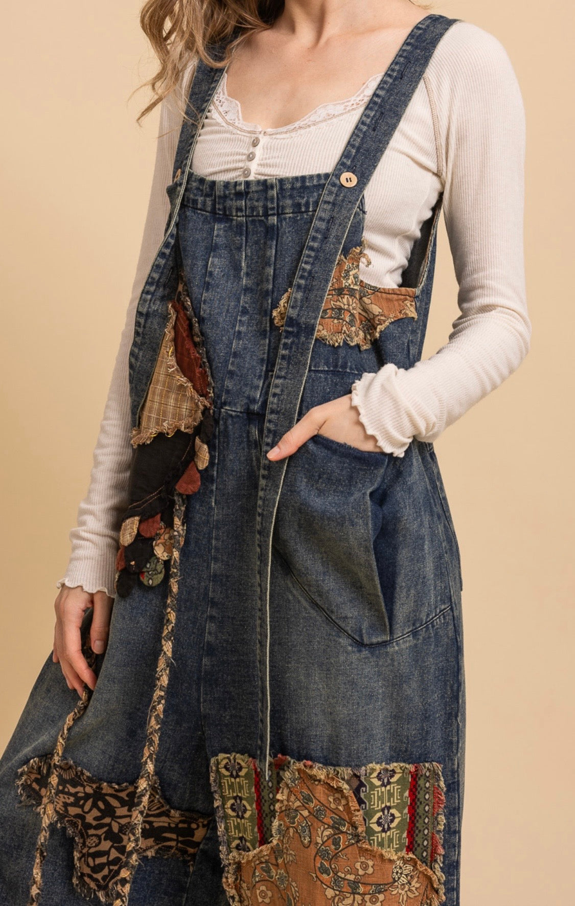 Patchwork Slouchy Denim Bib Overalls - PREORDER ARRIVING 9/2/26