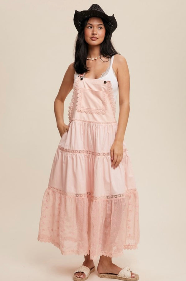 Peach Amber Embroidered Straps Lace Overall Dress