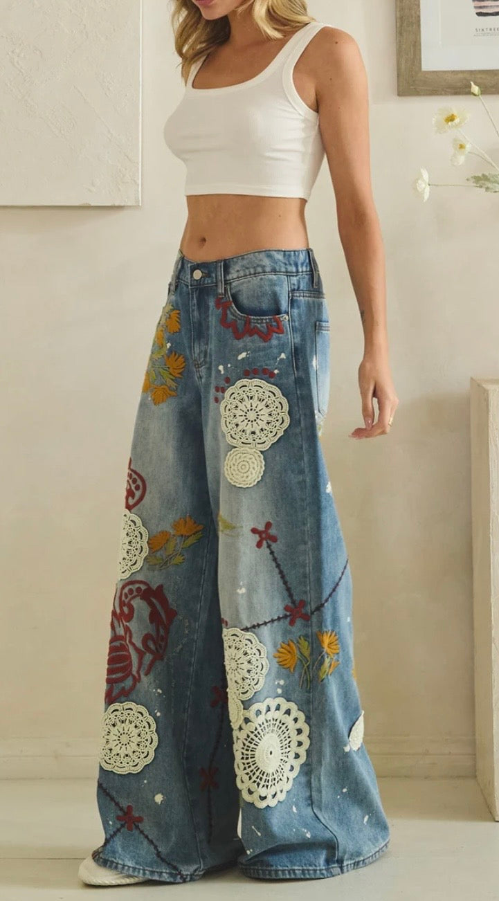 WASHED EMBROIDERY WIDE LEG DENIM PANTS - PREORDER