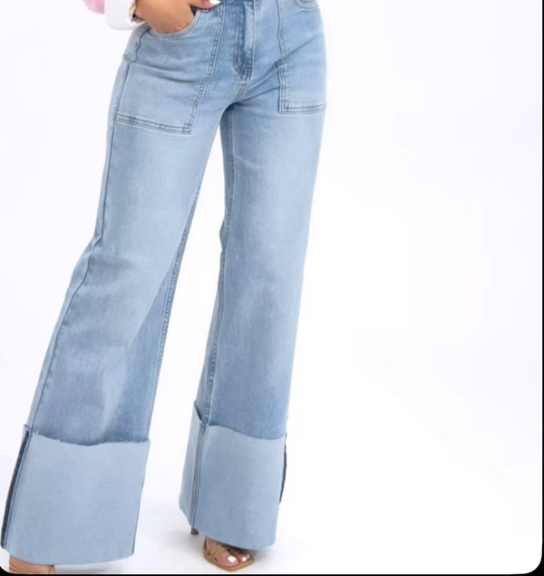 High Waisted Wide Leg Cuffed Jean - True to size