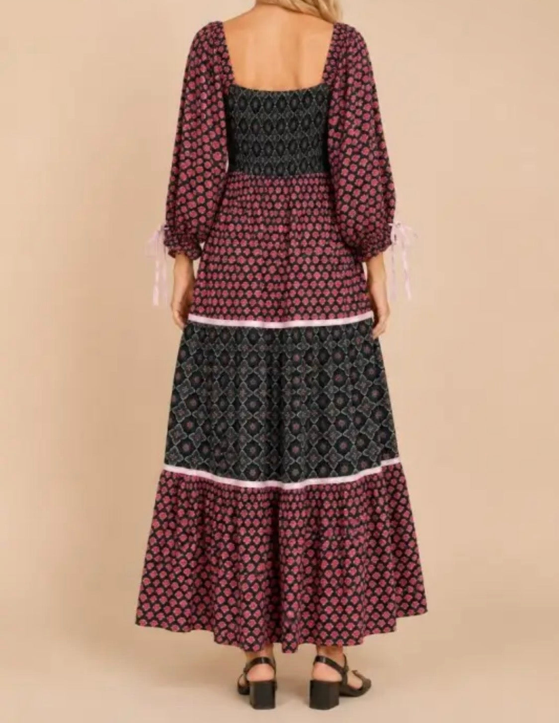Mixed Pattern color block 3/4 sleeve Maxi Dress