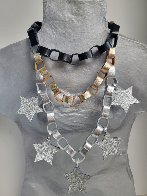 Black Gold and Silver Leather & Silver Star Necklace by Arlene Diaz 🇵🇷 - Bellasbylola.com