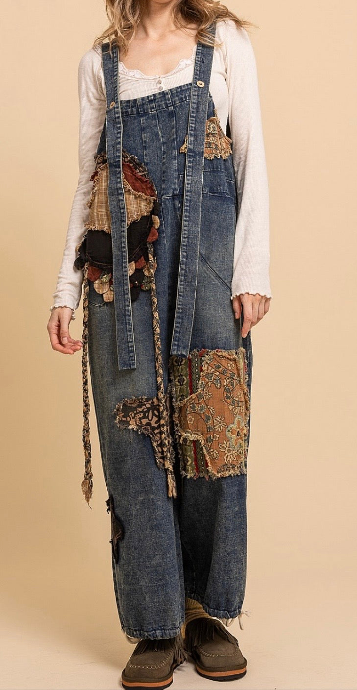 Patchwork Slouchy Denim Bib Overalls - PREORDER ARRIVING 9/2/26
