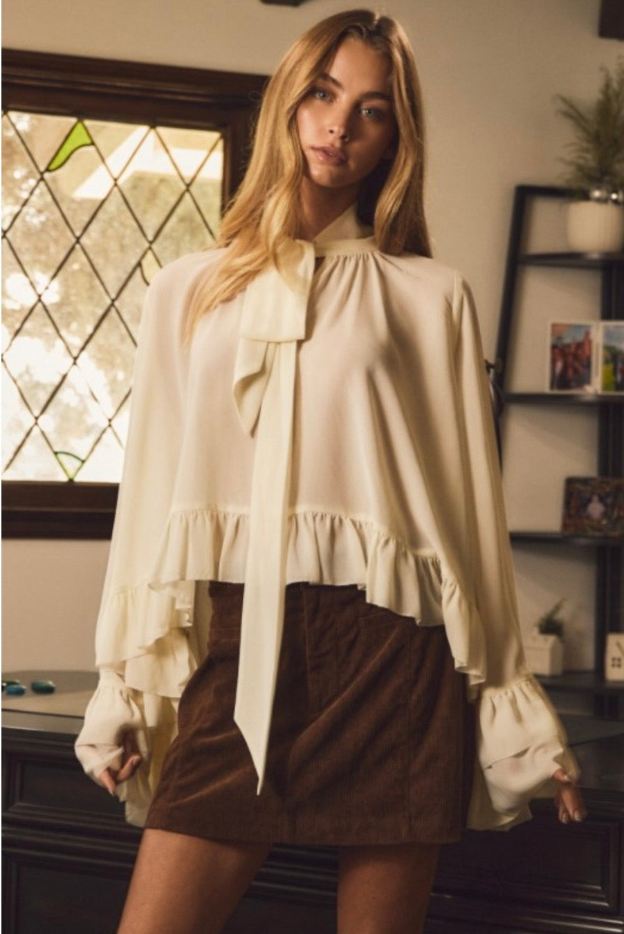 Chiffon Ruffled Boho Chic Long Sleeve Blouse (Beige or Black) -