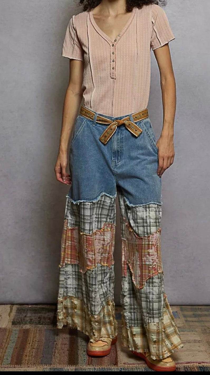 Boho Patchwork Wide Leg Denim Pants – Vintage-Inspired Statement Jeans - True to size
