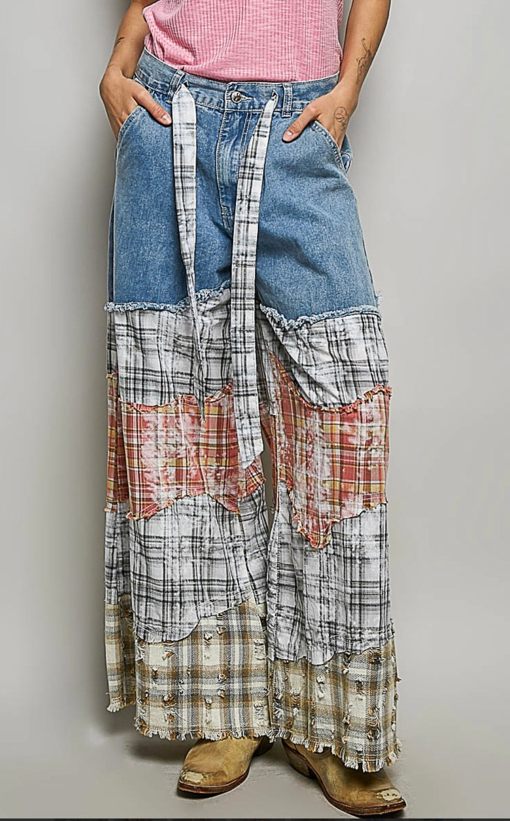 Boho Patchwork Wide Leg Denim Pants – Vintage-Inspired Statement Jeans