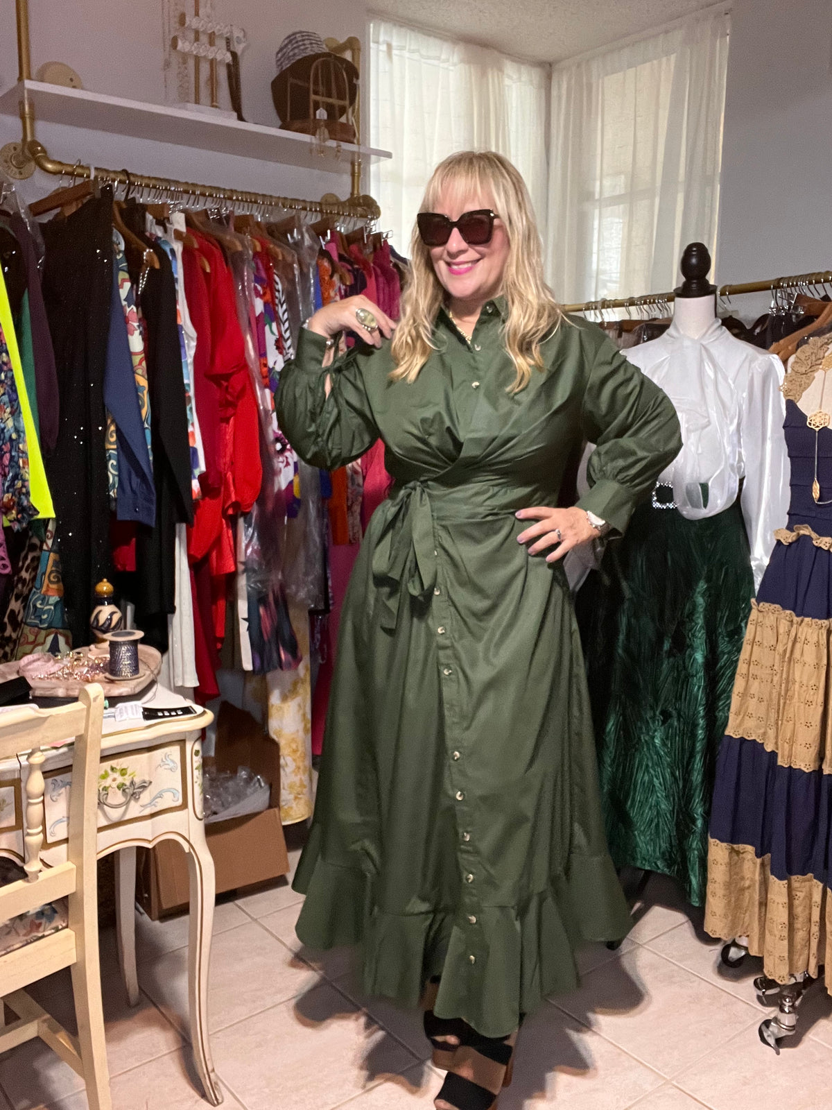 Army Green Asymmetrical Button Down Midi Dress -True to size