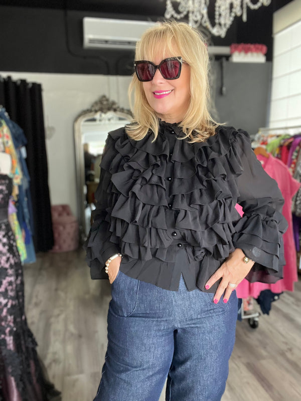 Black Boho Chic Tiered Ruffles Belted Chiffon Blouse  /Premium Clothing  💫
