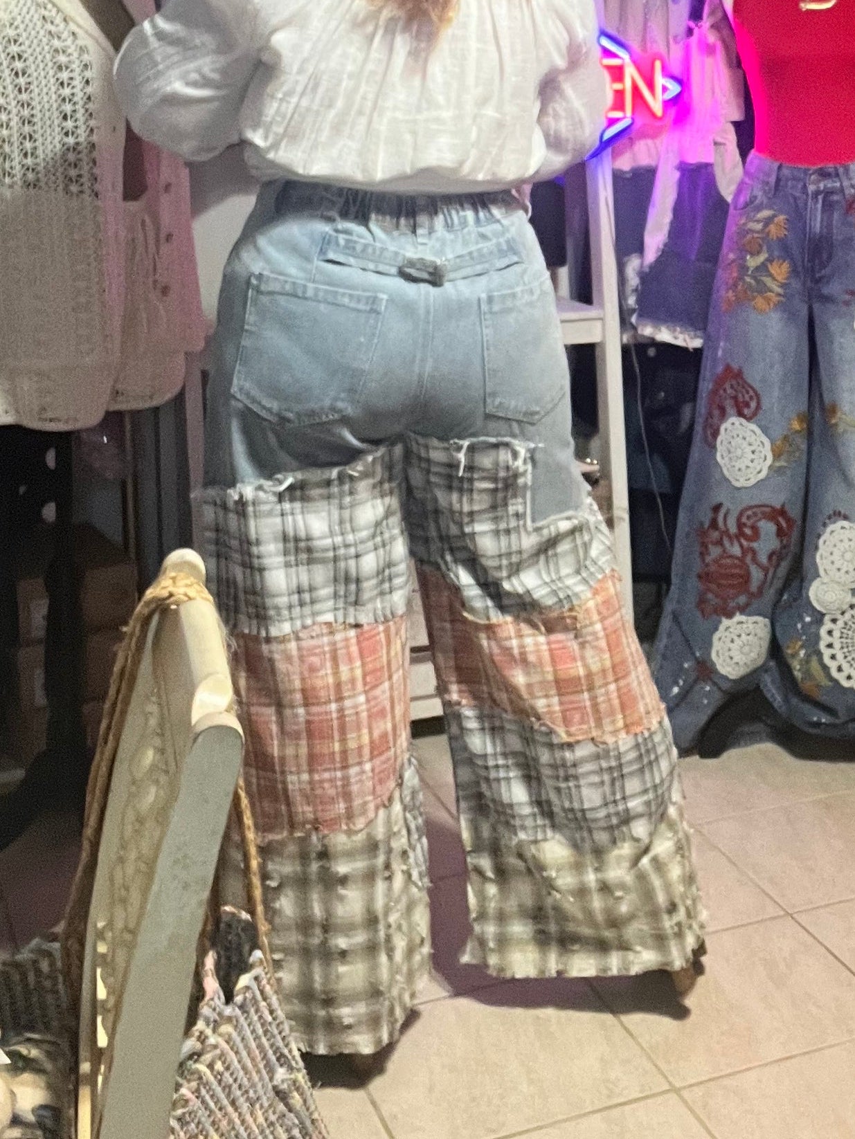 Boho Patchwork Wide Leg Denim Pants – Vintage-Inspired Statement Jeans - True to size