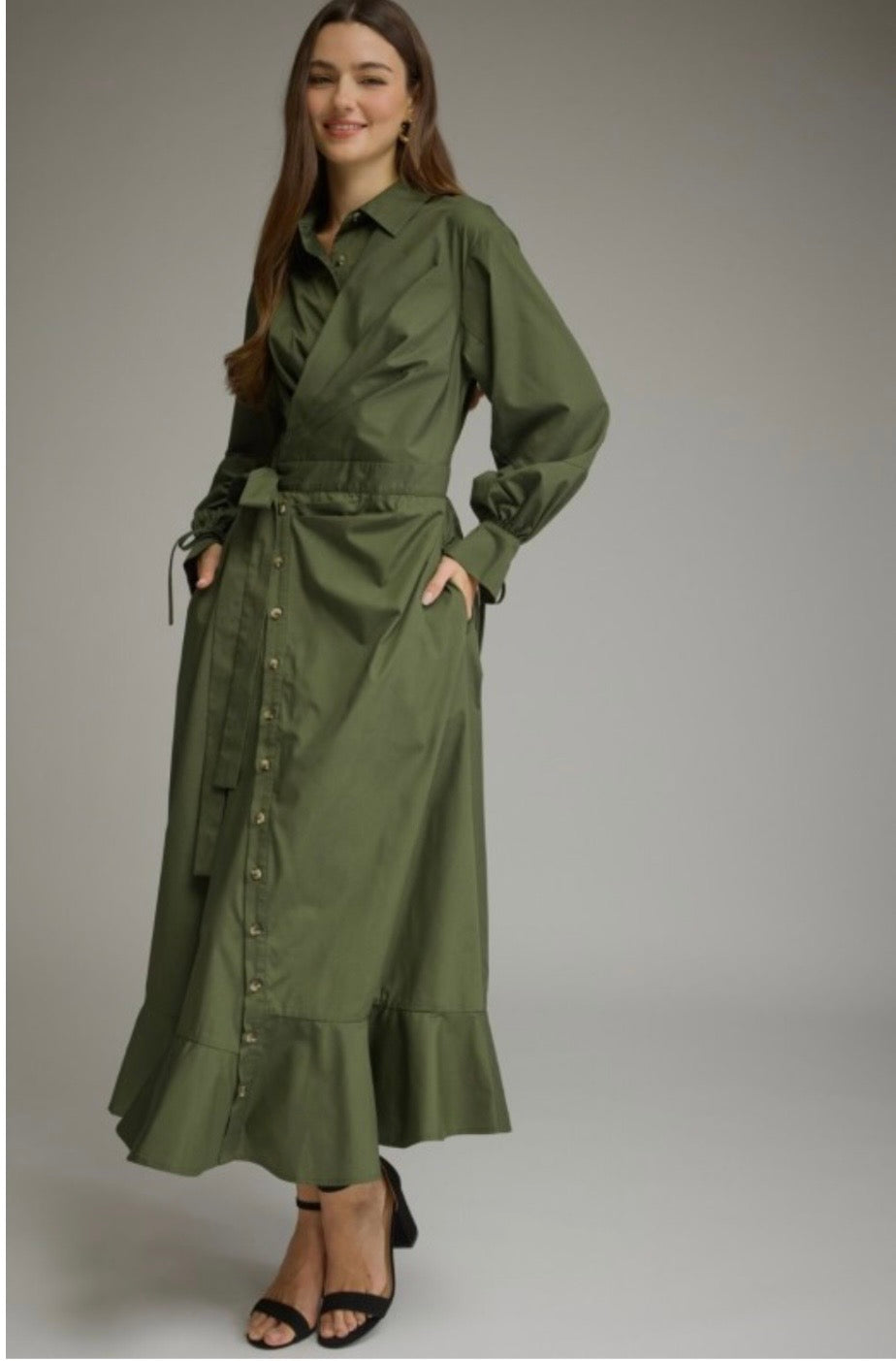 Army Green Button Down Midi Dress
