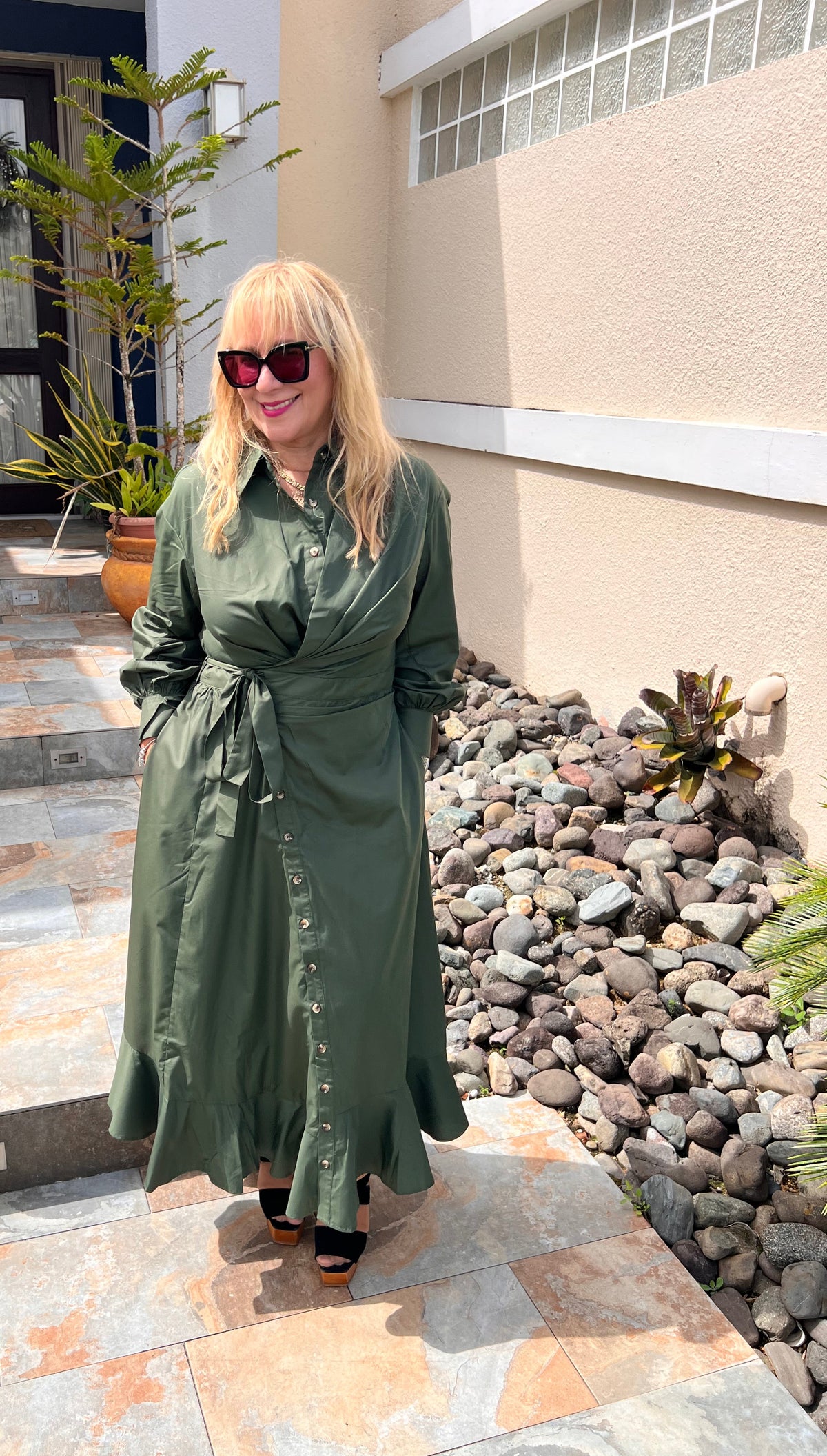 Army Green Asymmetrical Button Down Midi Dress -True to size