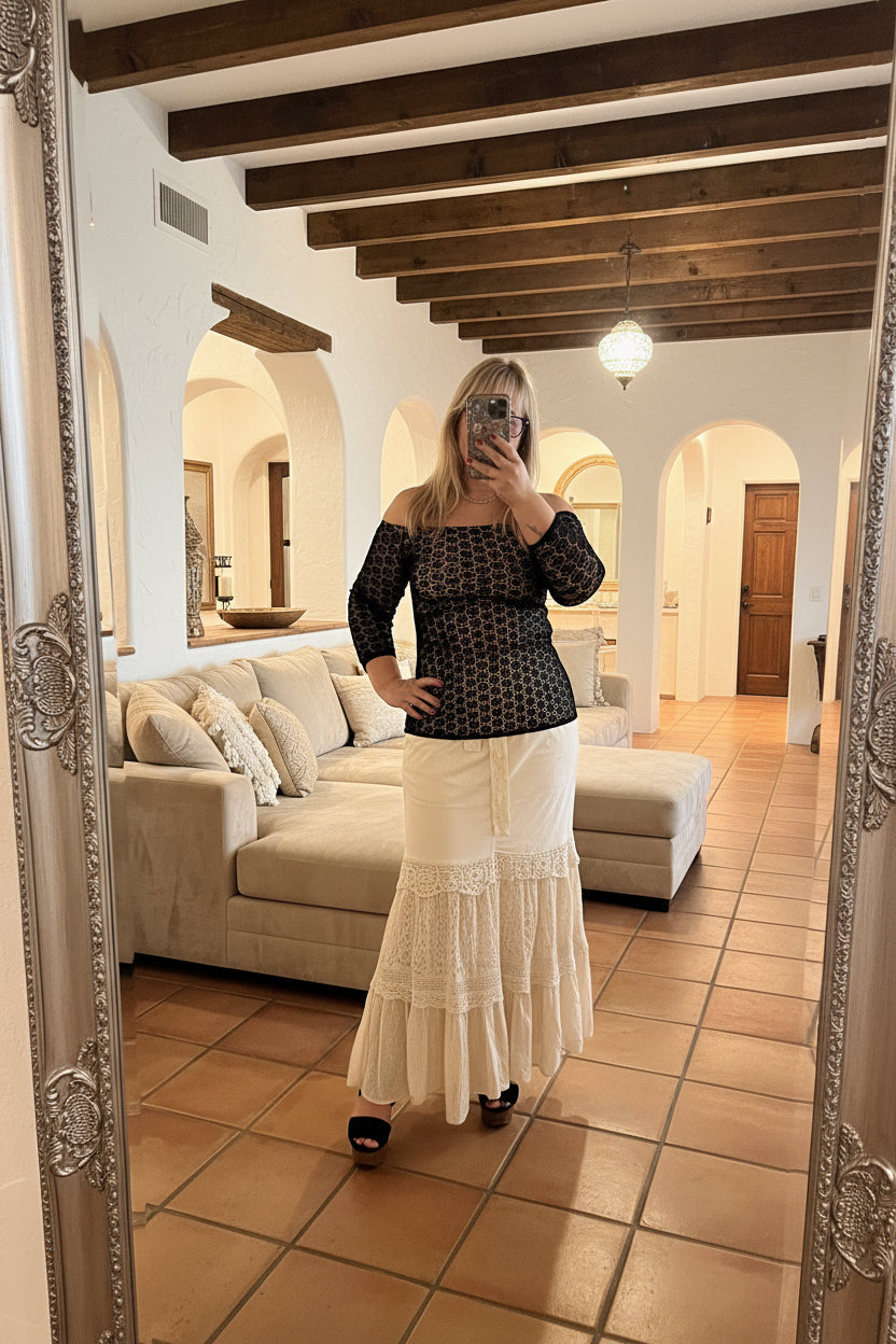 Boho Chic Desert Dream Wide Leg Pants with Knit & Lace - True to Size