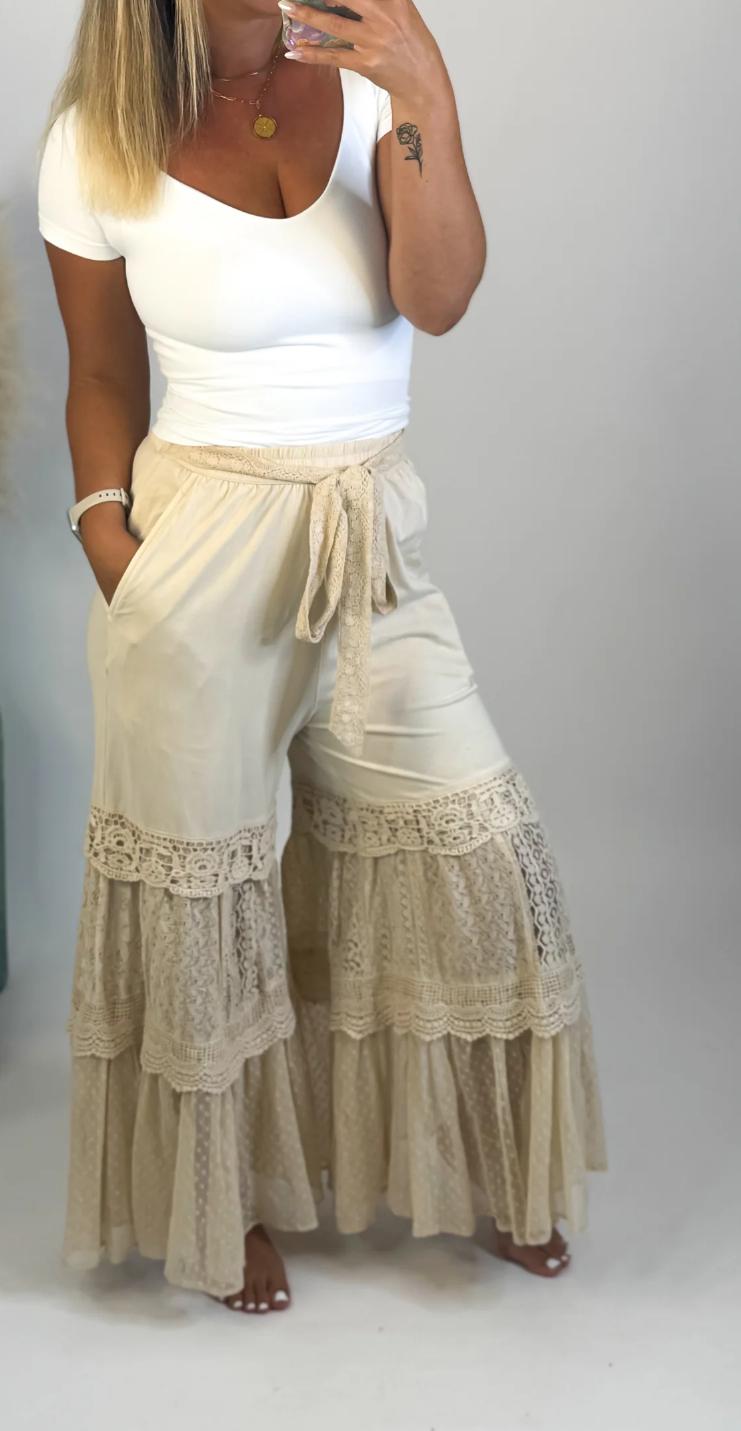 Boho Chic Desert Dream Wide Leg Pants with Knit & Lace - True to Size