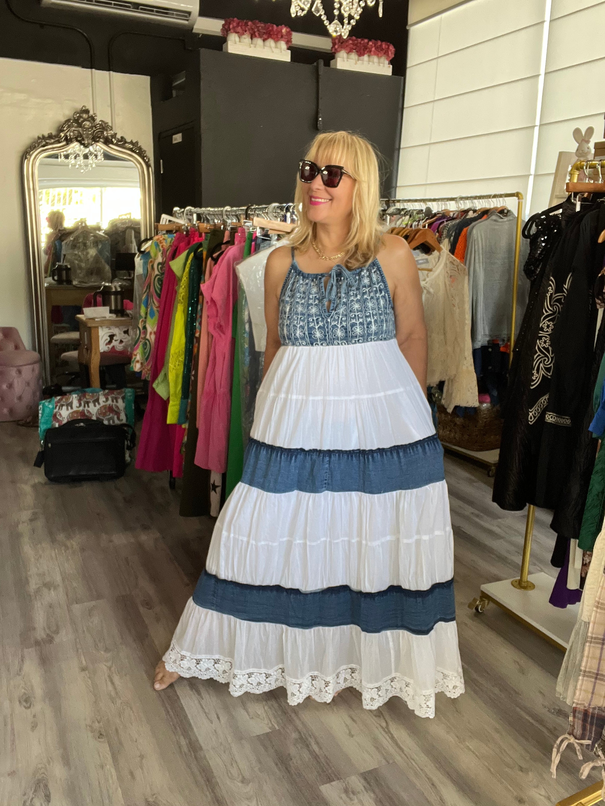 Embroidered White Halter Neck Denim Boho Maxi Dress - In Store & Online💫 - Tax Incluido-PRE -ORDEN
