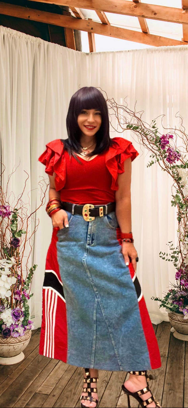 Like Adidas Denim Red & Black Midi Skirt - New ✨✨