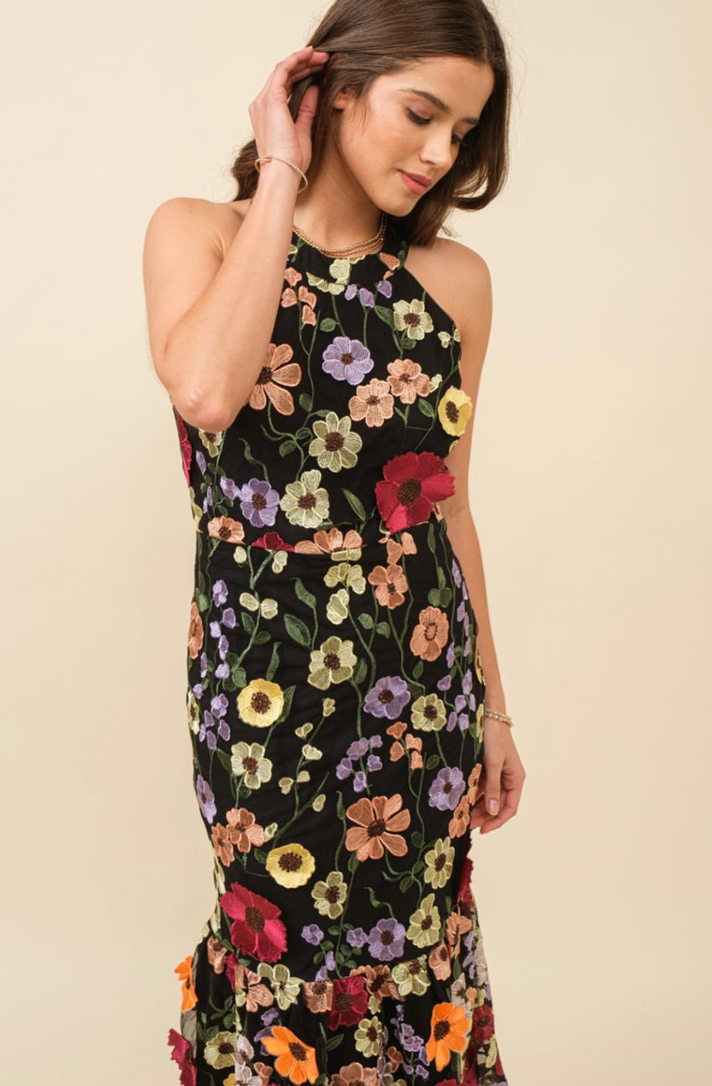 Hi Neck 3D Floral Midi Dress - Bella Boutique & Bellasbylola.com