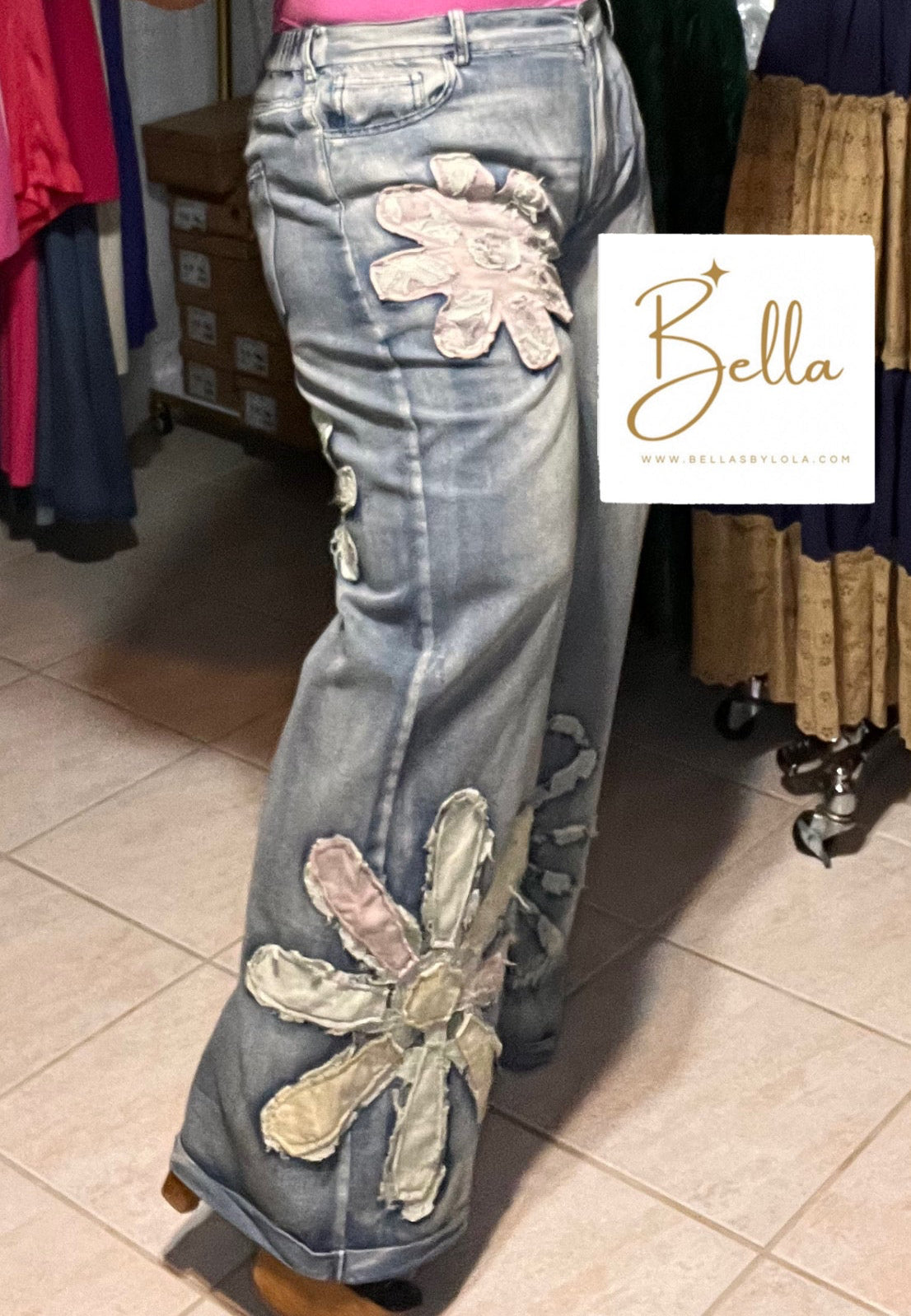 Flower Patchwork Wide leg Denim Embroidered Pants- True to size - Corren al size regular