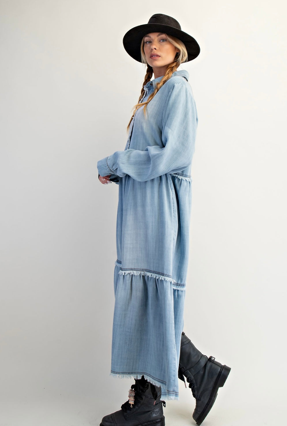 Button Front Wash Denim Maxi Dress