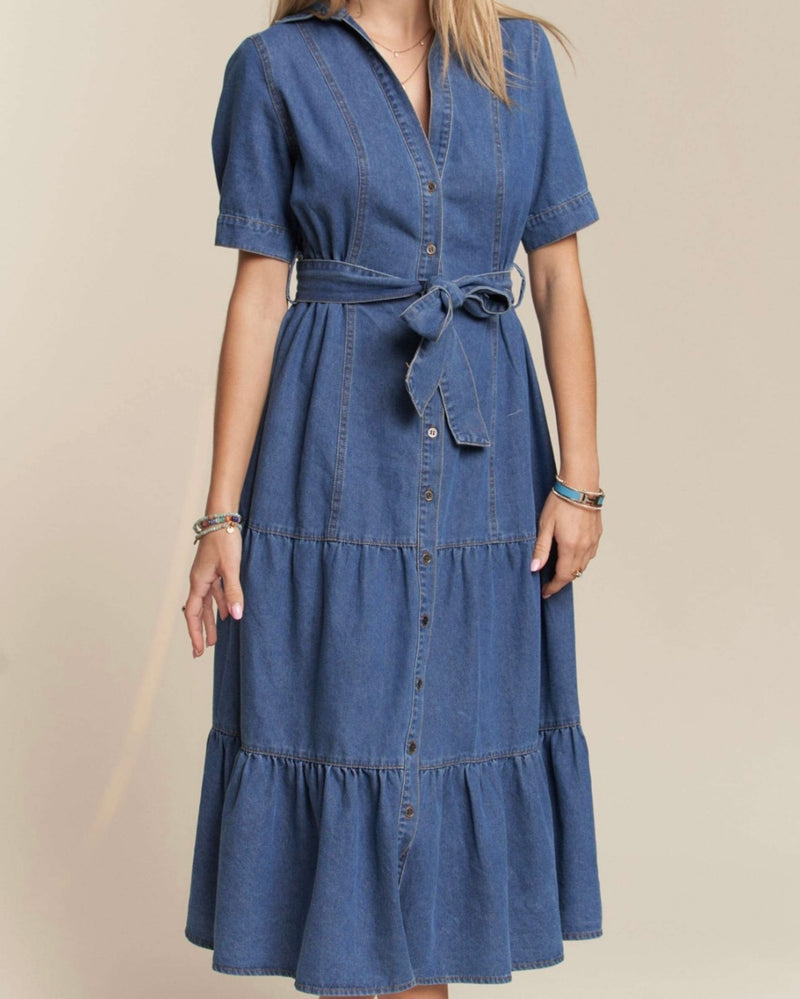 Button Down Midi Denim Dress - Bella Boutique & Bellasbylola.com