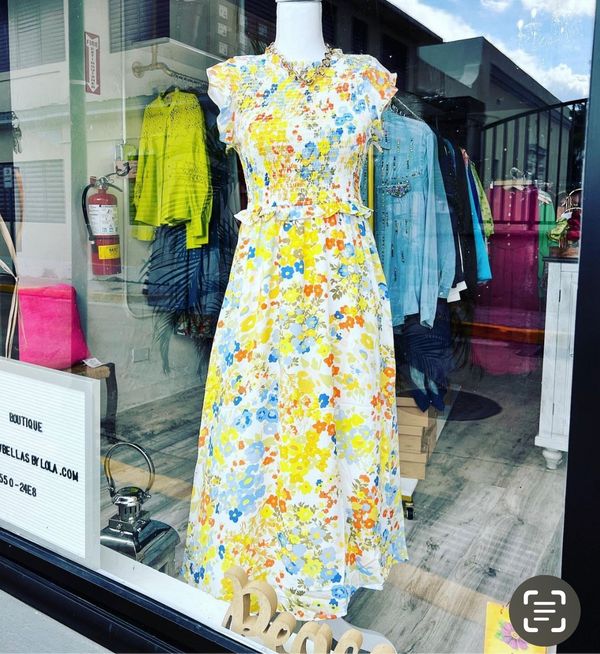 Yellow Blue Floral Midi dress