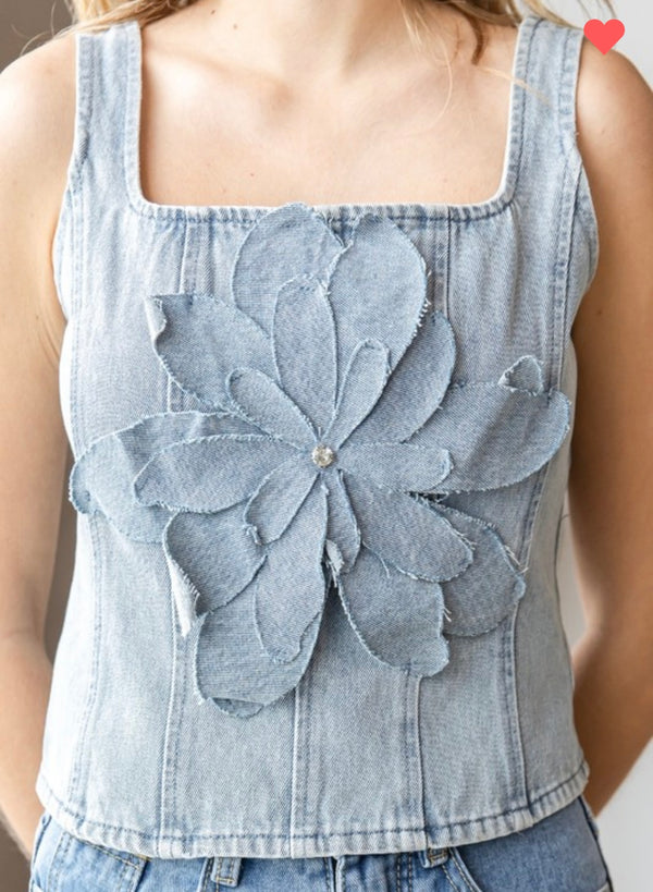 Flower Appliqué Denim Vest