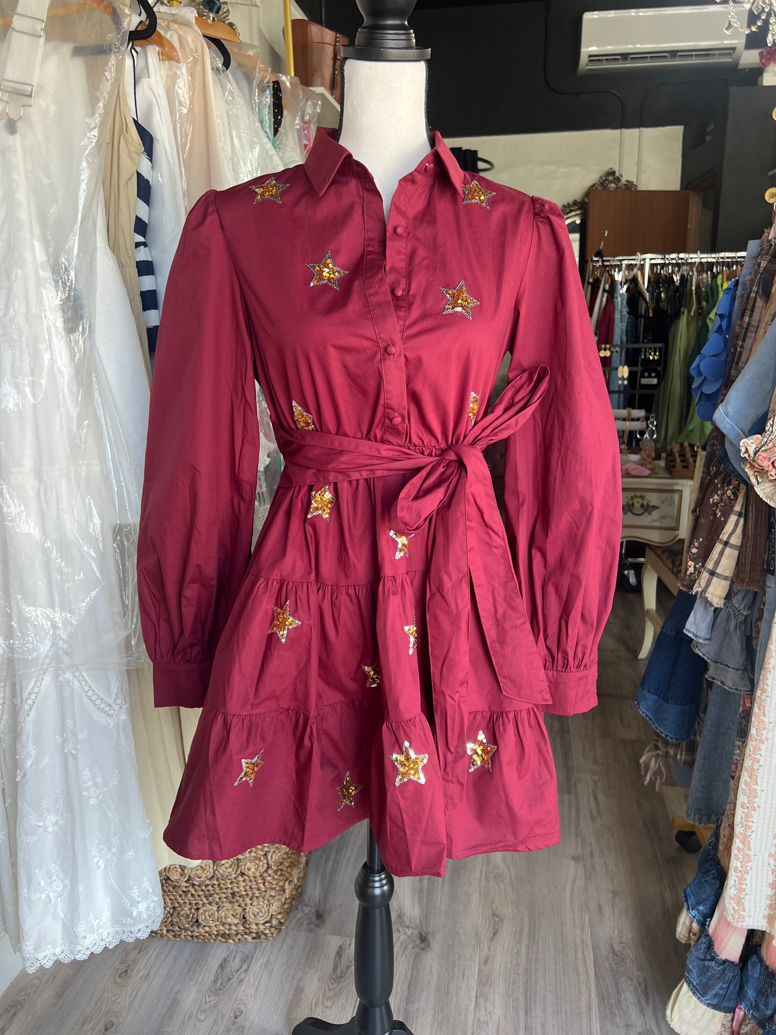 Wine Gold Star Appliqué Mini Dress