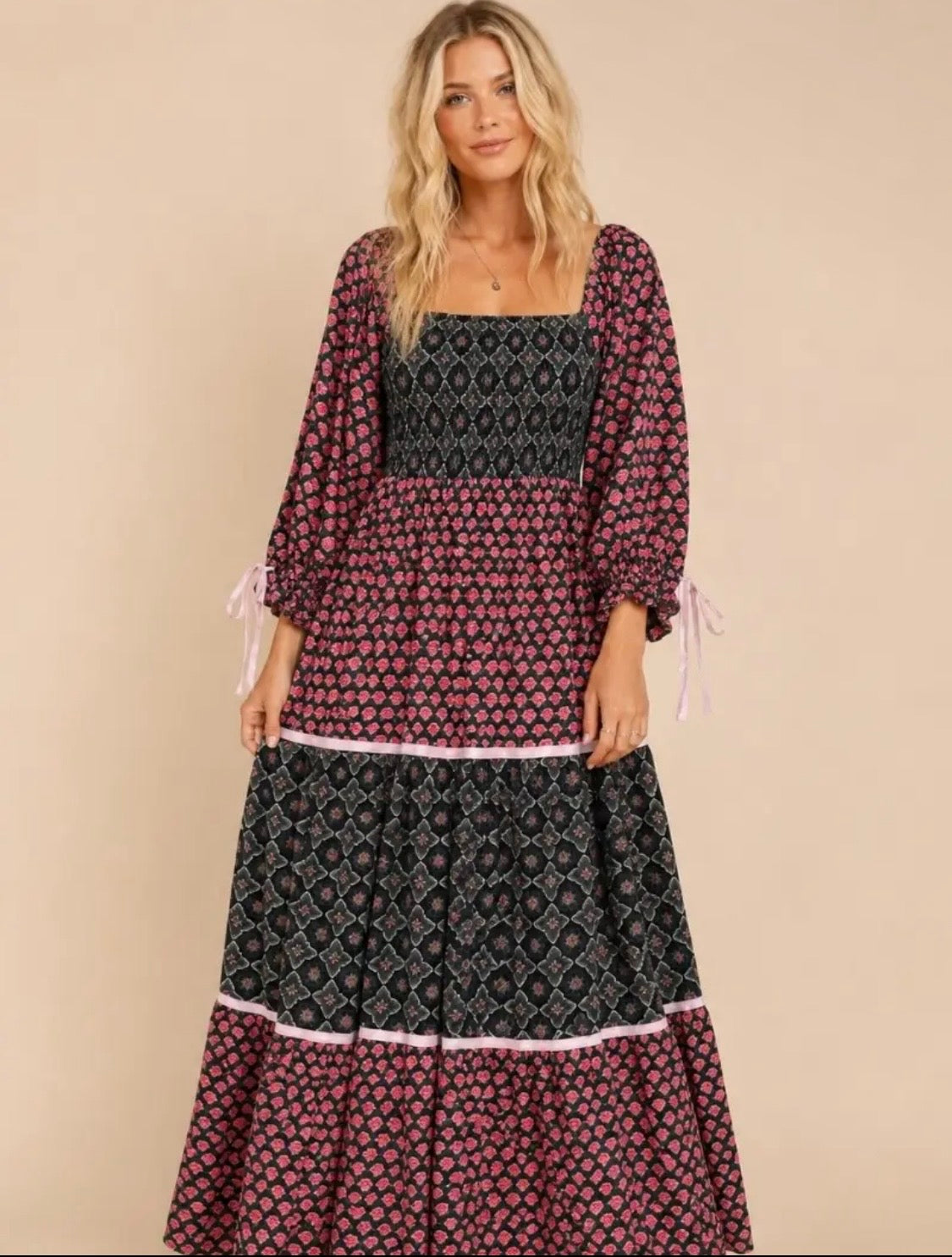 Mixed Pattern color block 3/4 sleeve Maxi Dress