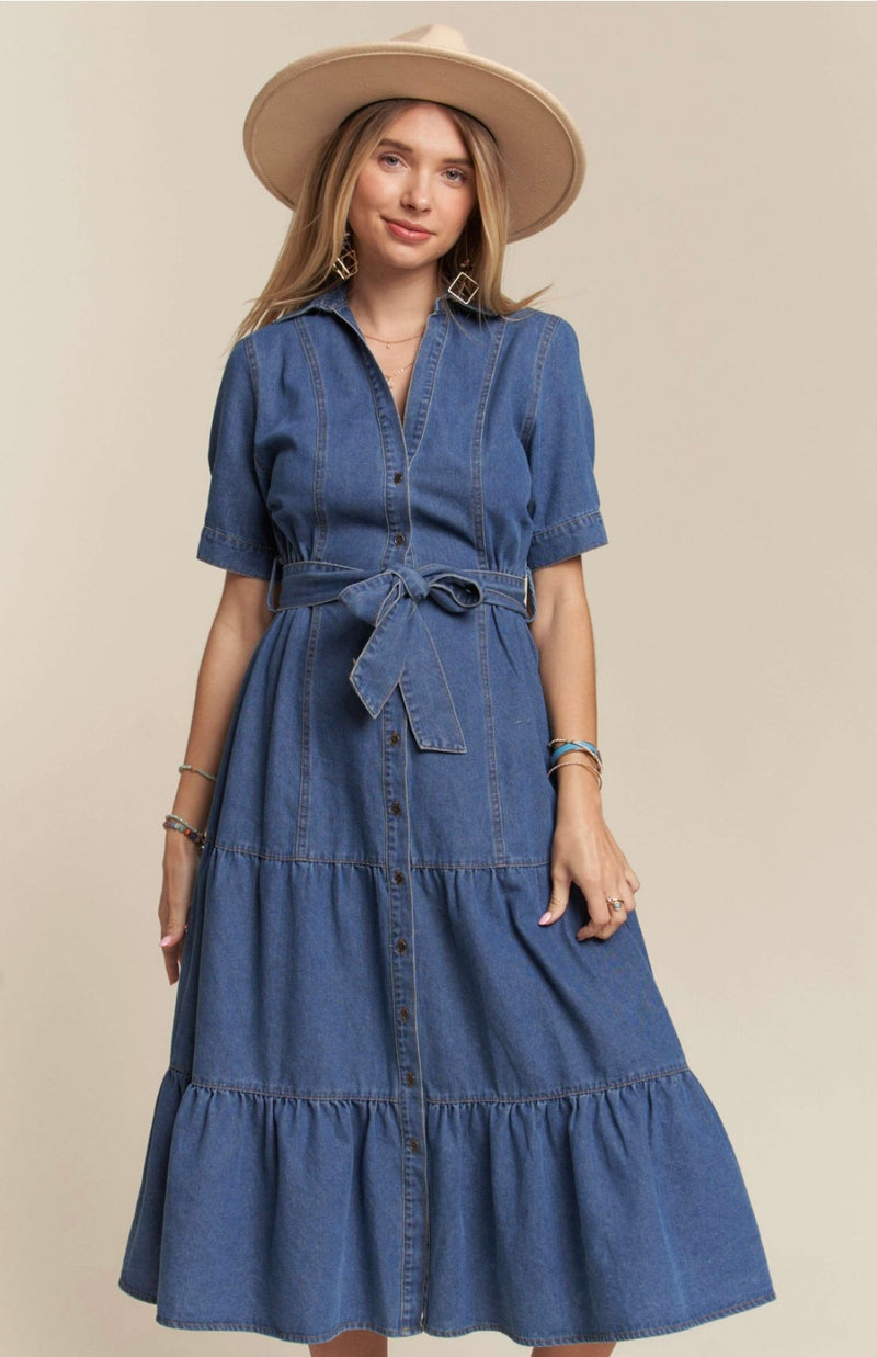 Button Down Midi Denim Dress - Bella Boutique & Bellasbylola.com