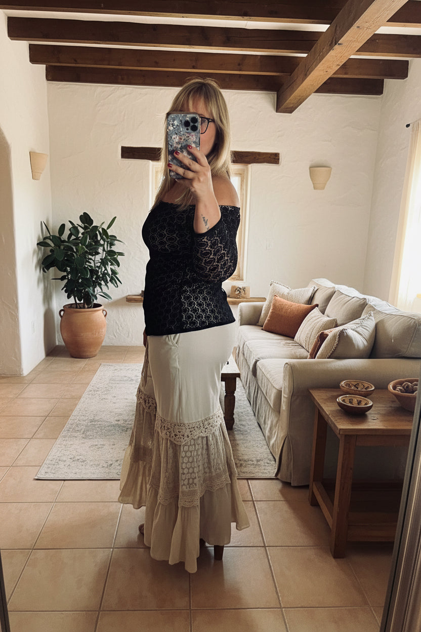 Boho Chic Desert Dream Wide Leg Pants with Knit & Lace - True to Size