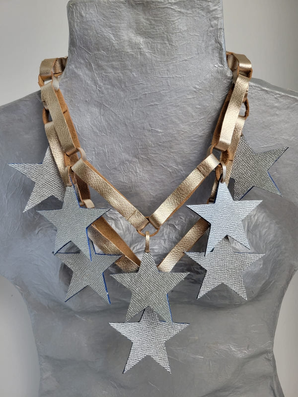 Gold Leather with Silver Stars Necklace by Arlene Diaz 🇵🇷 - Bellasbylola.com