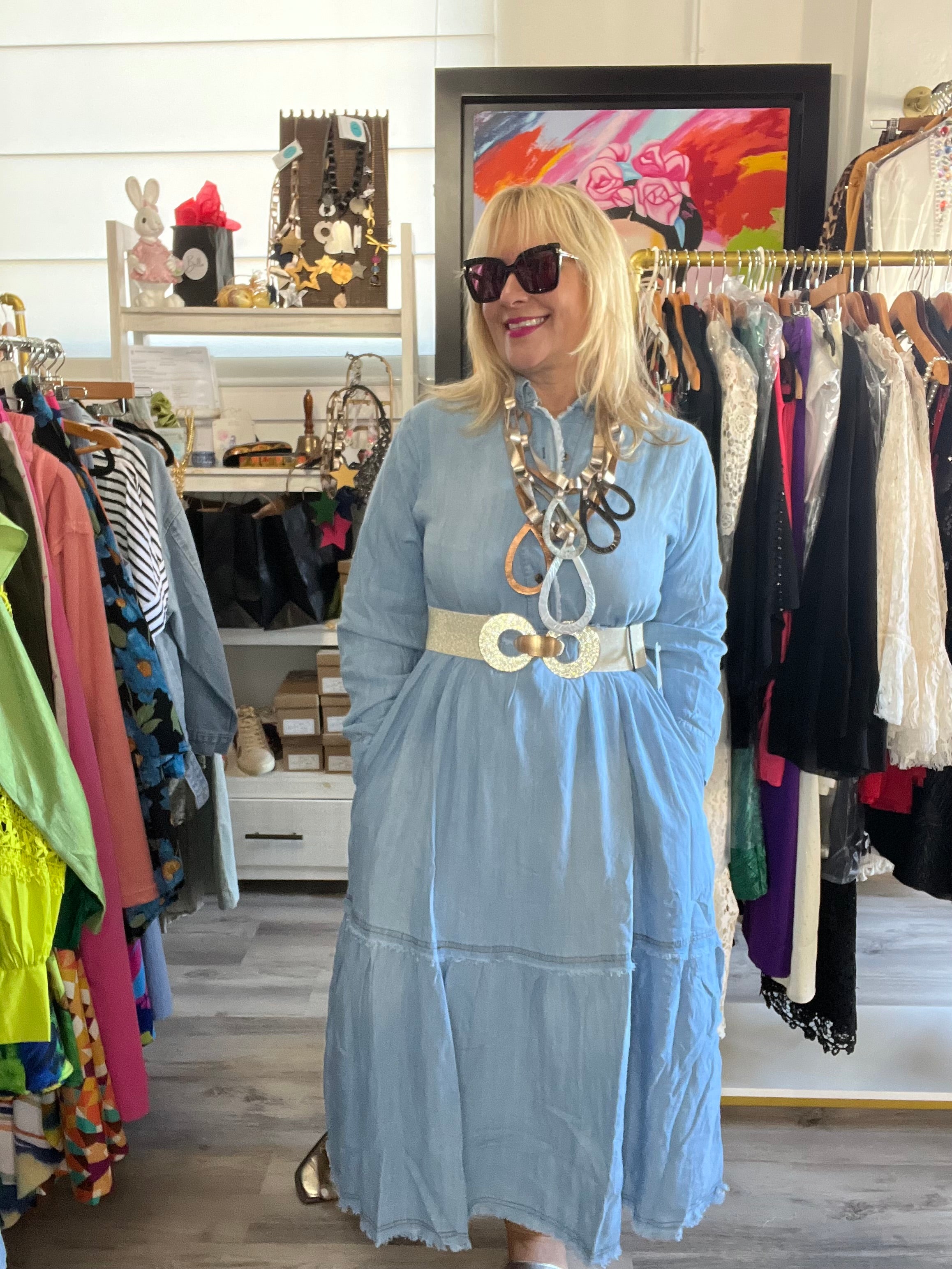 Button Front Wash Denim Maxi Dress