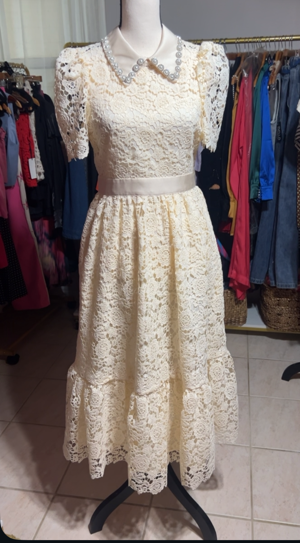 Ivory Embellish Collar Lace Midi Dress with short sleeves - True to size   🌟