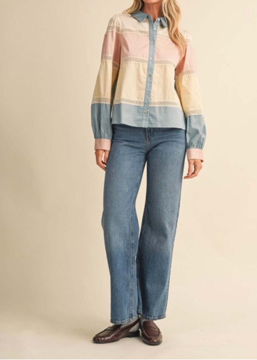 Dusty Blue Color Block Lace Trim Tiered Cotton Blouse - Arriving 9/25/26