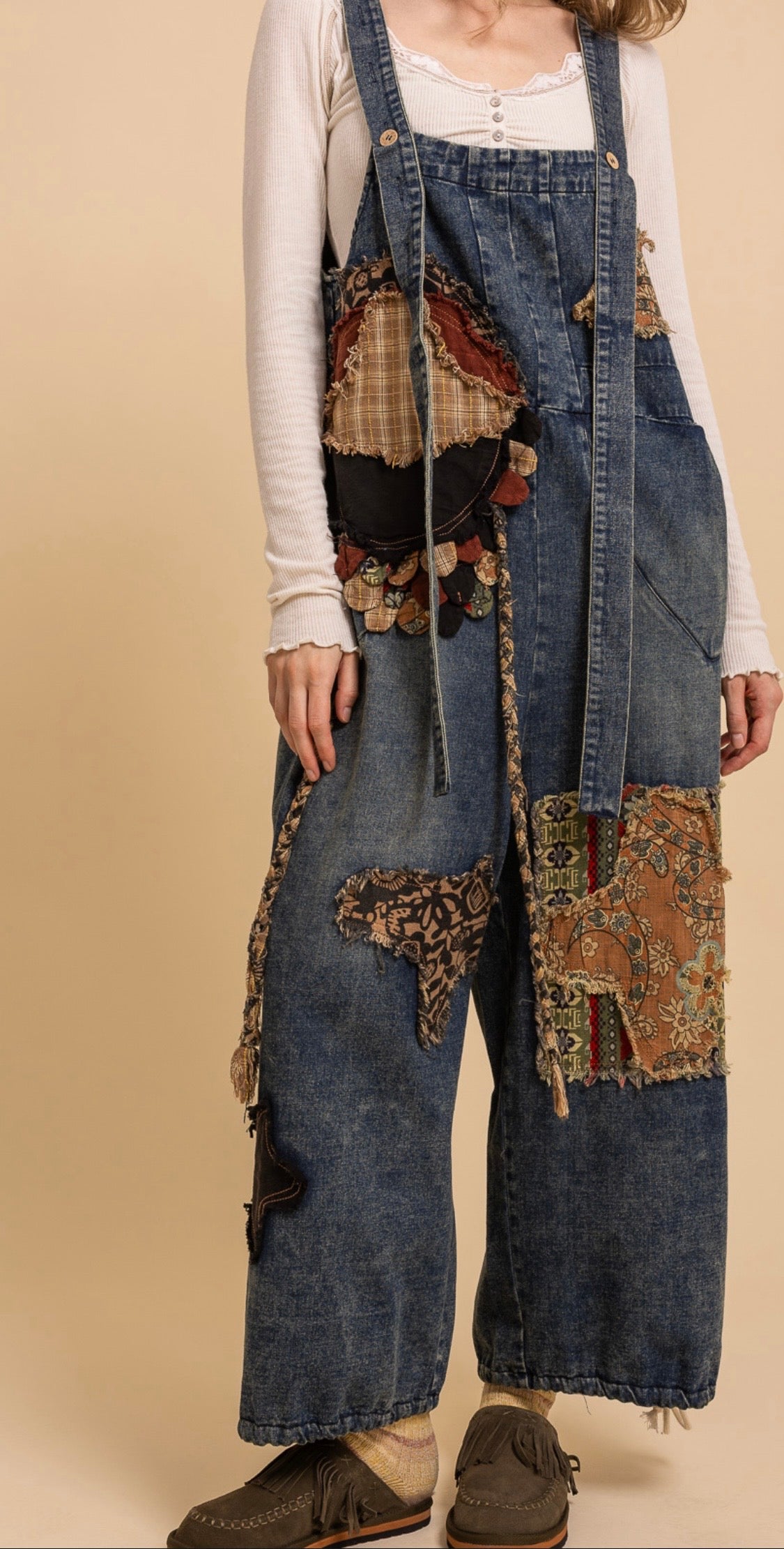 Patchwork Slouchy Denim Bib Overalls - PREORDER ARRIVING 9/2/26