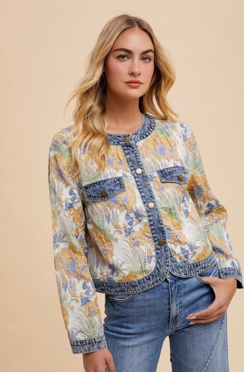 Floral Jacquard Denim Contrast Jacket