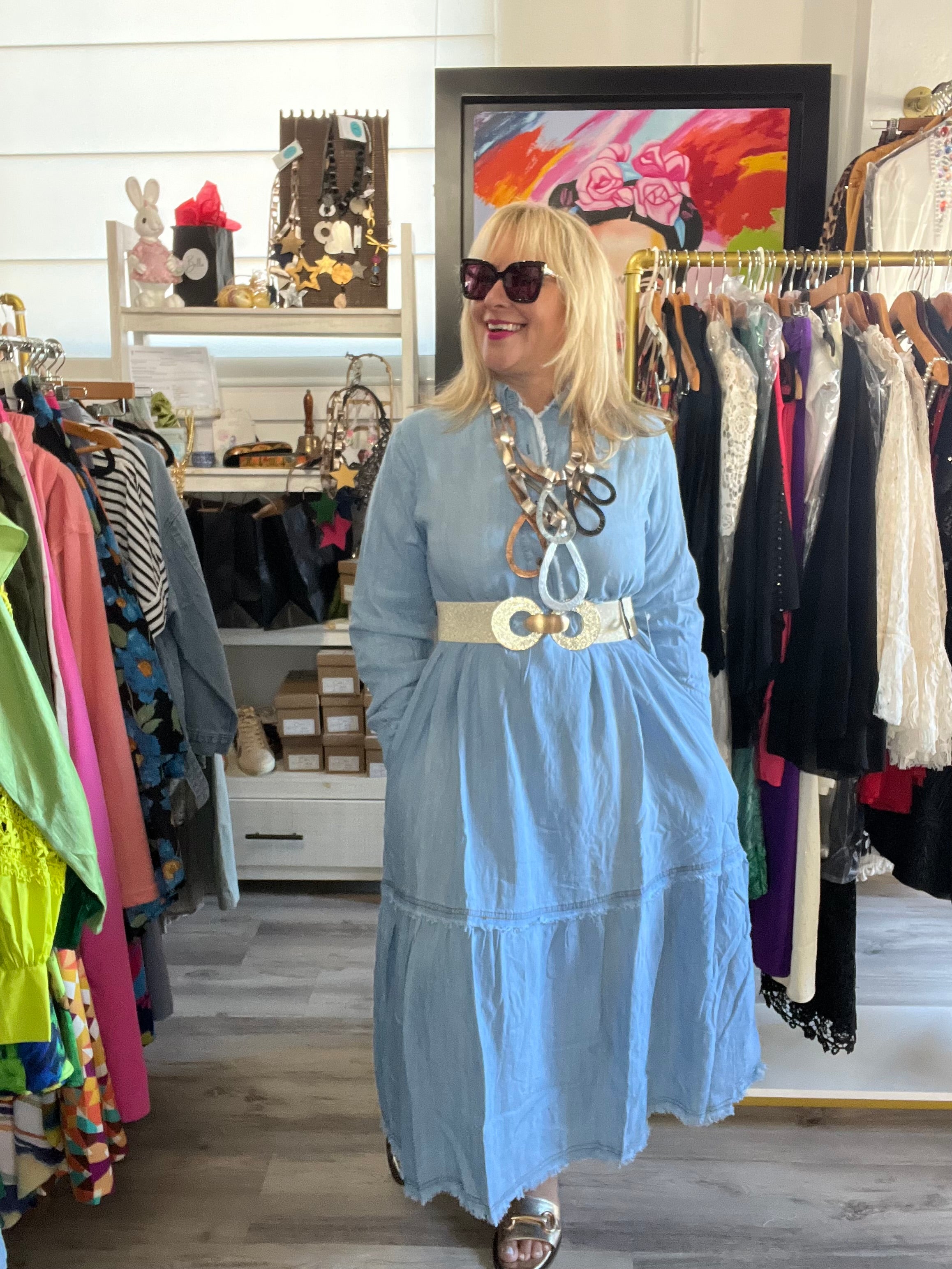 Button Front Wash Denim Maxi Dress