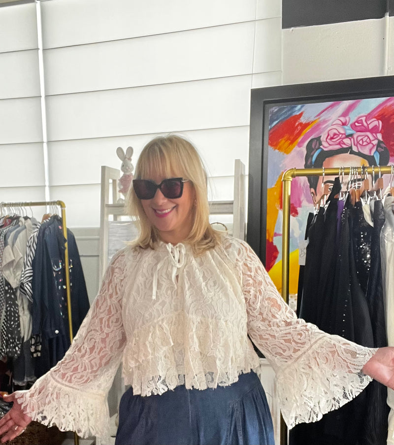 Lace Bell Sleeve Ruffle Blouse