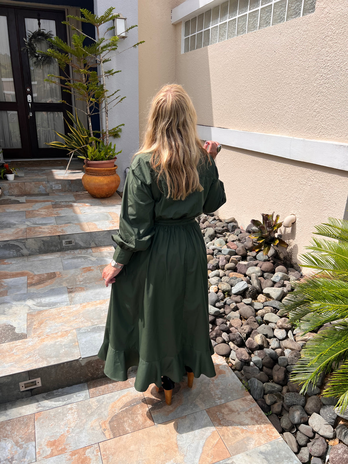 Army Green Asymmetrical Button Down Midi Dress -True to size