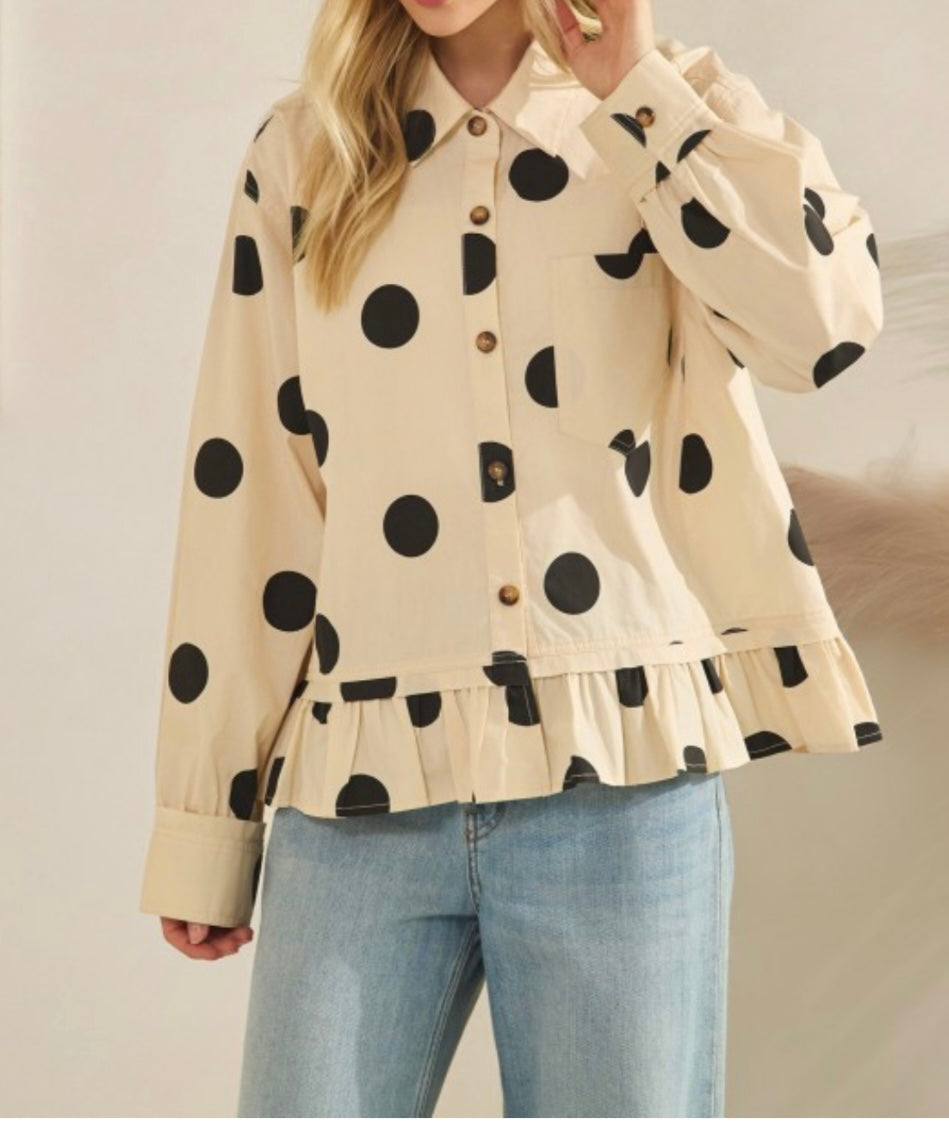 Polka Dot Ruffle Hem Long Sleeve blouse