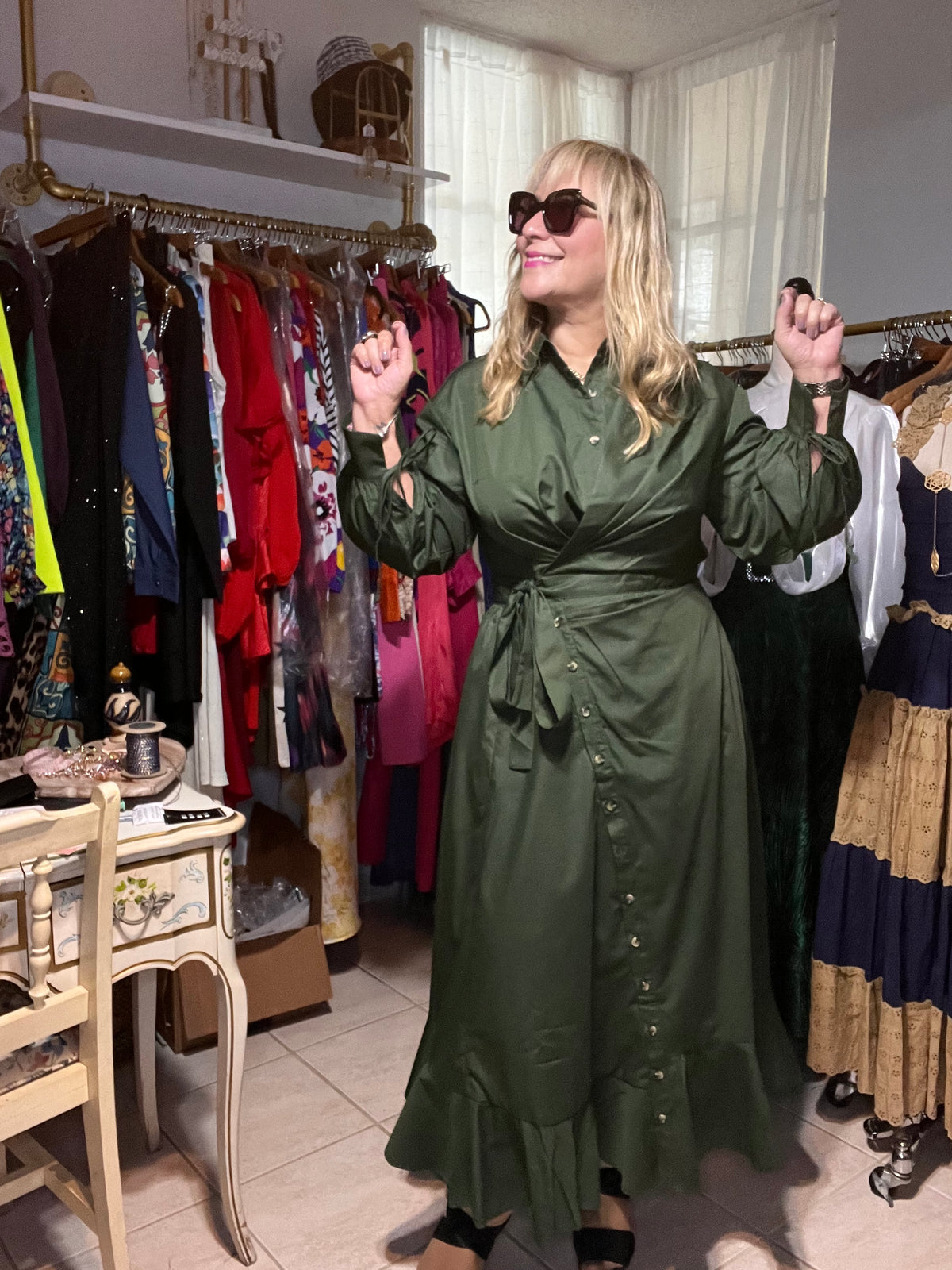 Army Green Asymmetrical Button Down Midi Dress -True to size